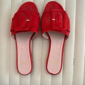New J.Crew Red Suede Oversized Buckle Flat Slide